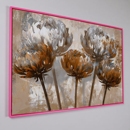 Abstract Floral Canvas Print in Brown & White in pink floating frame