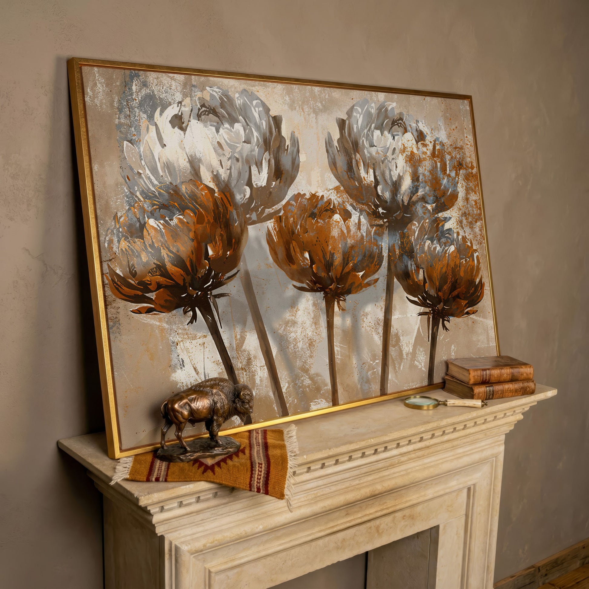 Abstract Floral Canvas Print in Brown & White in rose gold floating frame