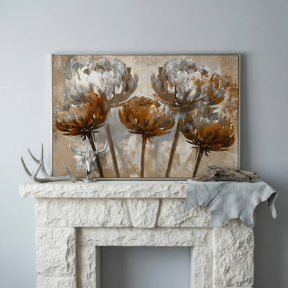 Abstract Floral Canvas Print in Brown & White in silver floating frame