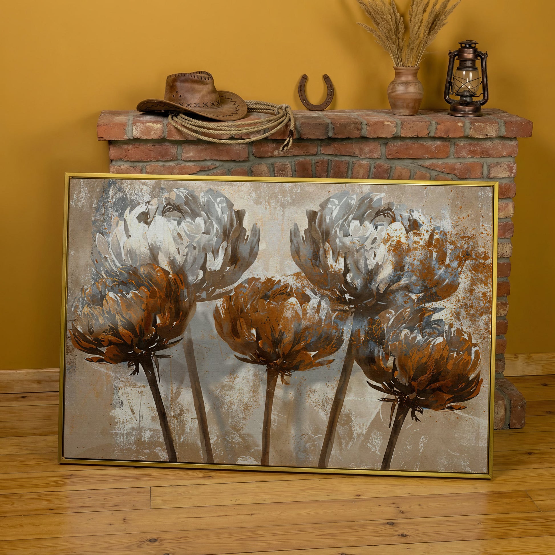 Abstract Floral Canvas Print in Brown & White in yellow gold floating frame