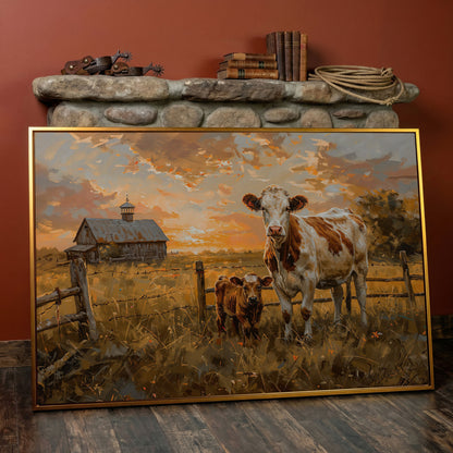 Cow and Calf at Sunset Canvas Art, Farmhouse and Ranch Decor in antique gold floating frame