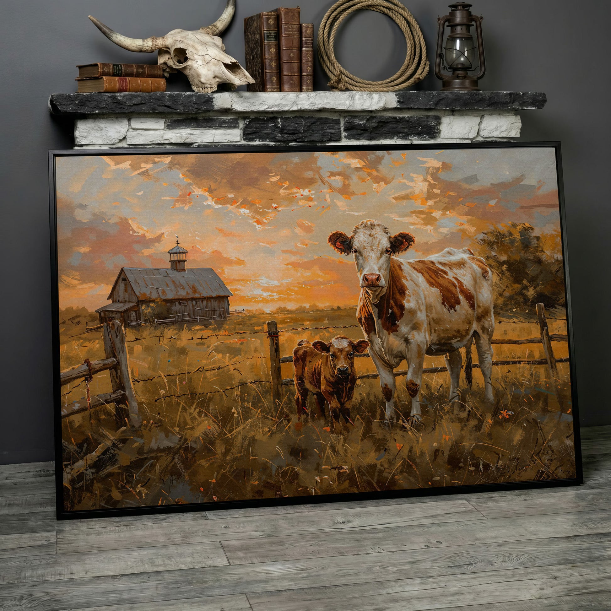 Cow and Calf at Sunset Canvas Art, Farmhouse and Ranch Decor in black floating frame