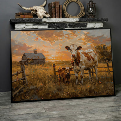 Cow and Calf at Sunset Canvas Art, Farmhouse and Ranch Decor in black floating frame