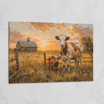 Cow and Calf at Sunset Canvas Art, Farmhouse and Ranch Decor on gallery wrap
