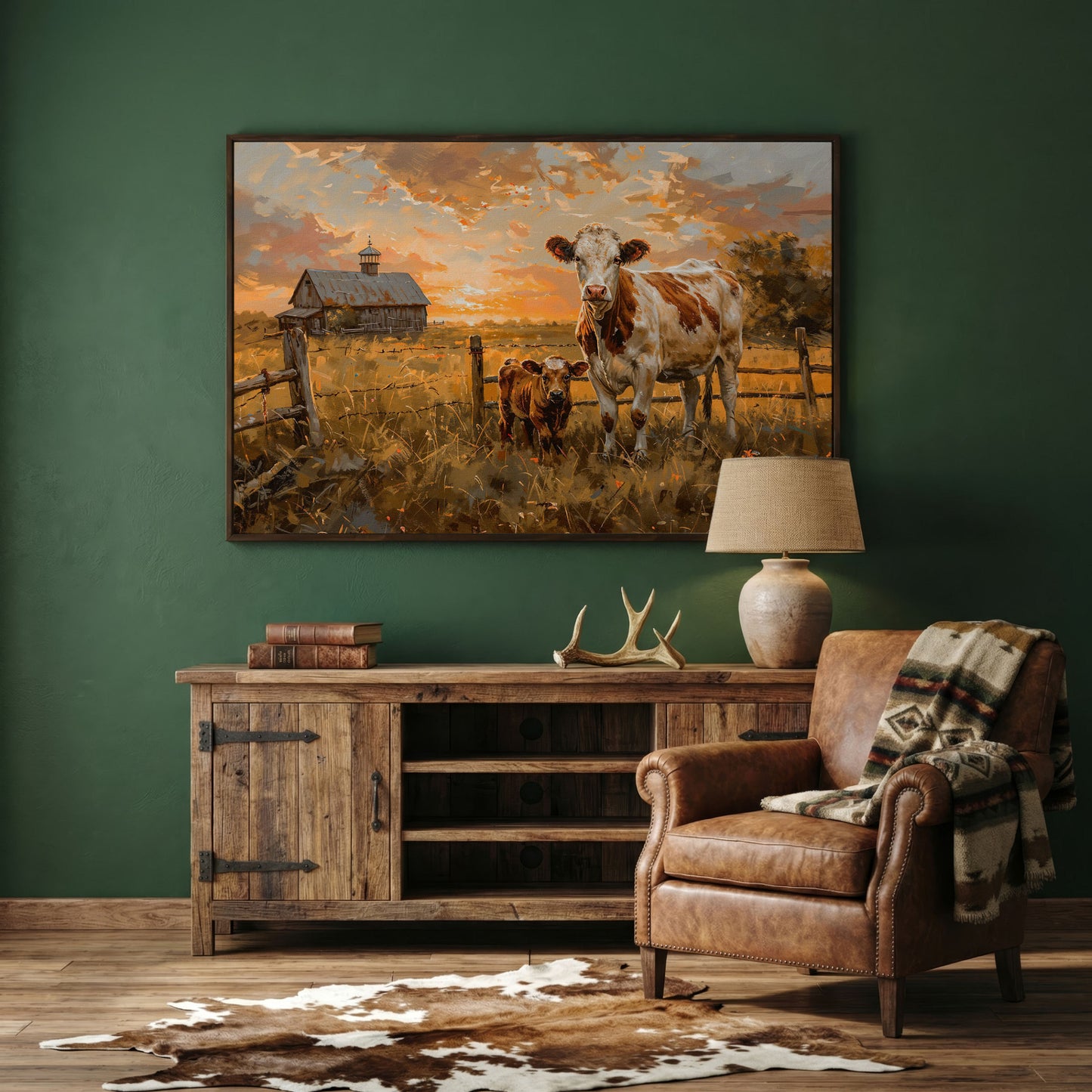 Cow and Calf at Sunset Canvas Art, Farmhouse and Ranch Decor in dark walnut floating frame