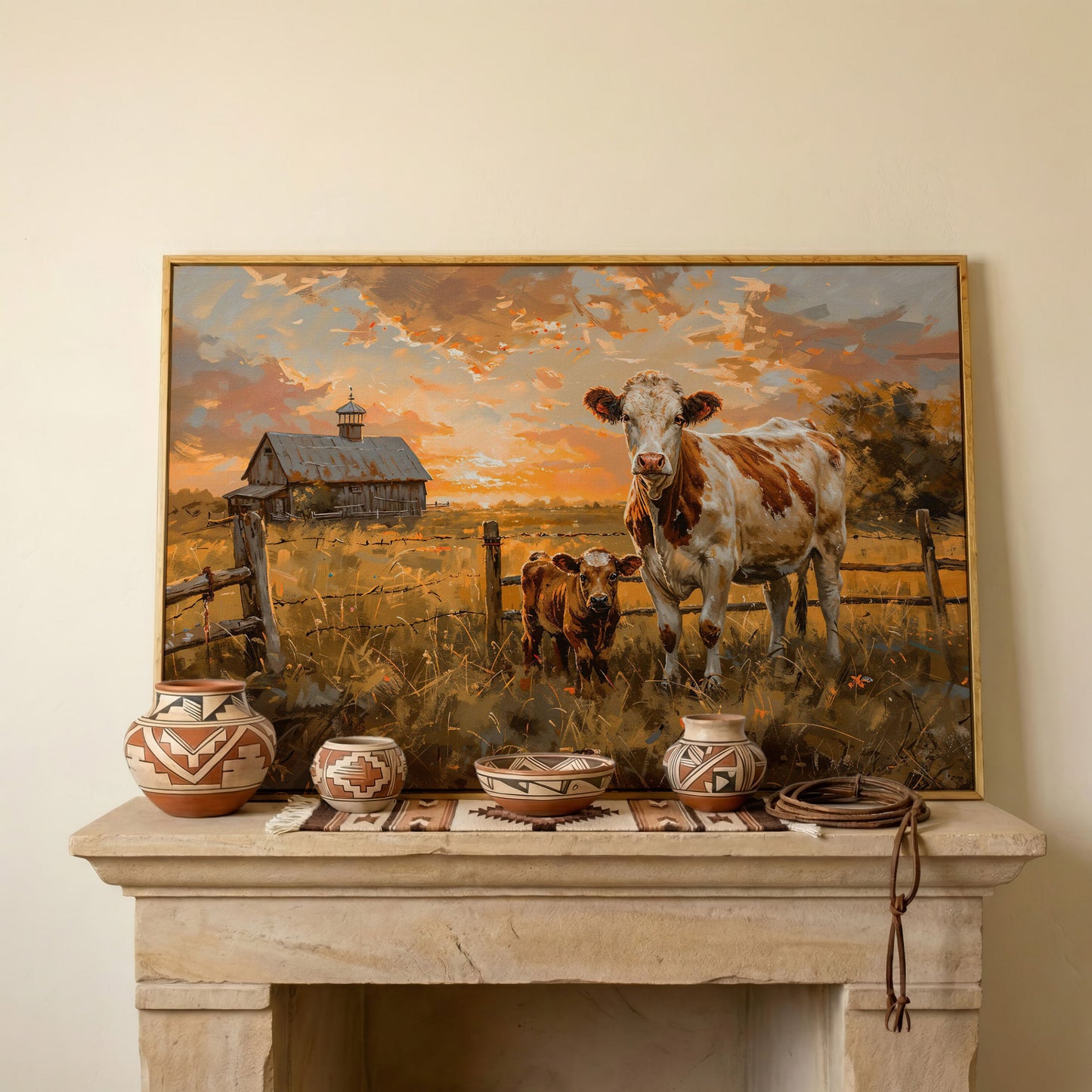 Cow and Calf at Sunset Canvas Art, Farmhouse and Ranch Decor in white oak floating frame