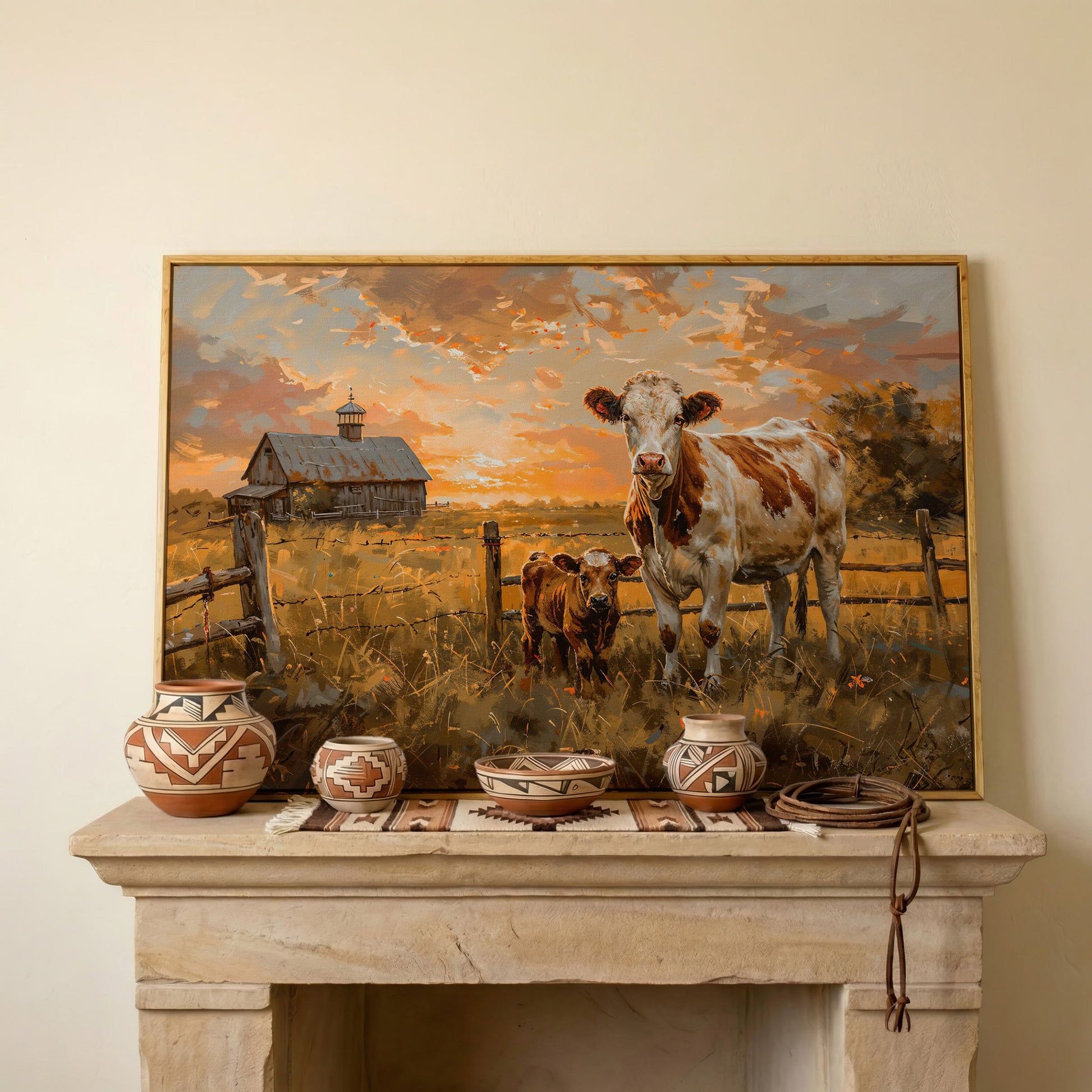 Cow and Calf at Sunset Canvas Art, Farmhouse and Ranch Decor in white oak floating frame