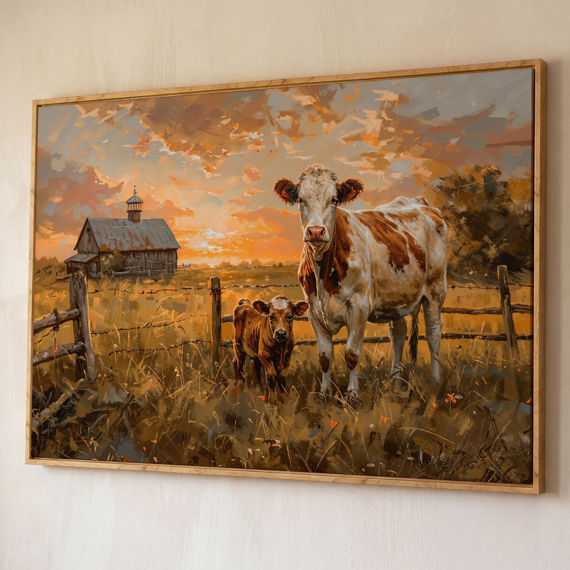 Cow and Calf at Sunset Canvas Art, Farmhouse and Ranch Decor shown in white oak floating frame