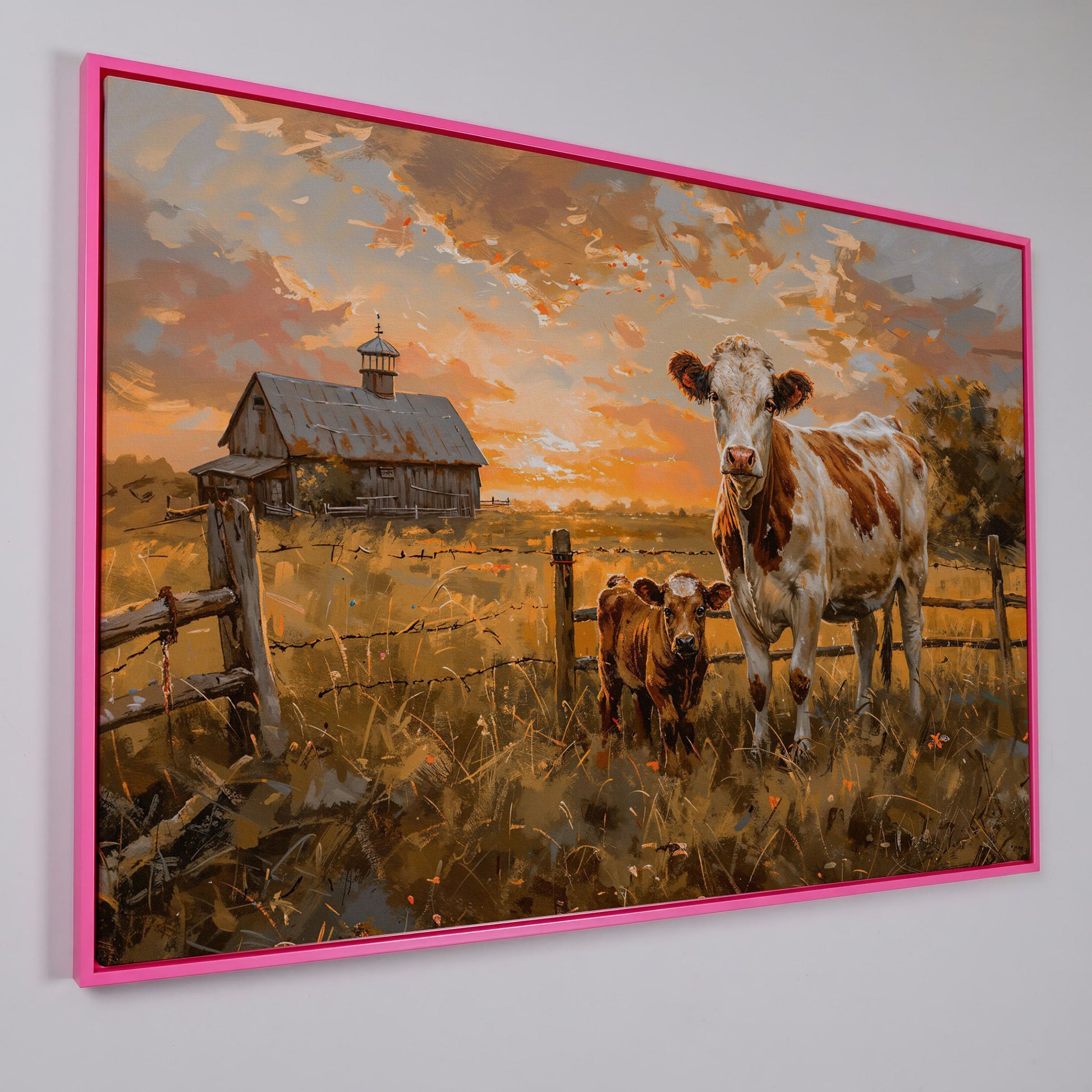 Cow and Calf at Sunset Canvas Art, Farmhouse and Ranch Decor in pink floating frame