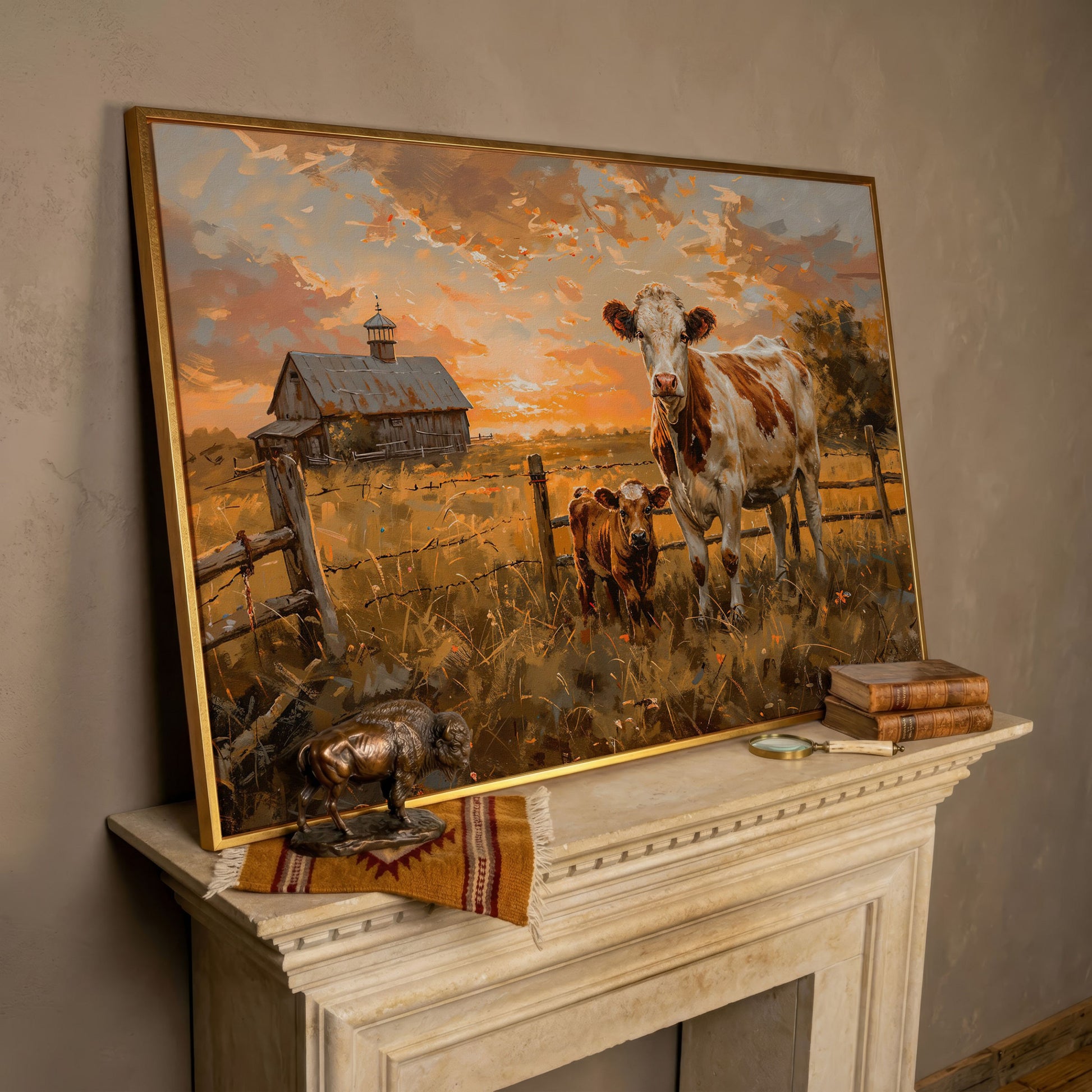 Cow and Calf at Sunset Canvas Art, Farmhouse and Ranch Decor in rose gold floating frame
