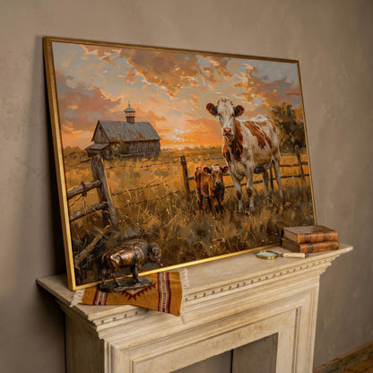Cow and Calf at Sunset Canvas Art, Farmhouse and Ranch Decor in rose gold floating frame