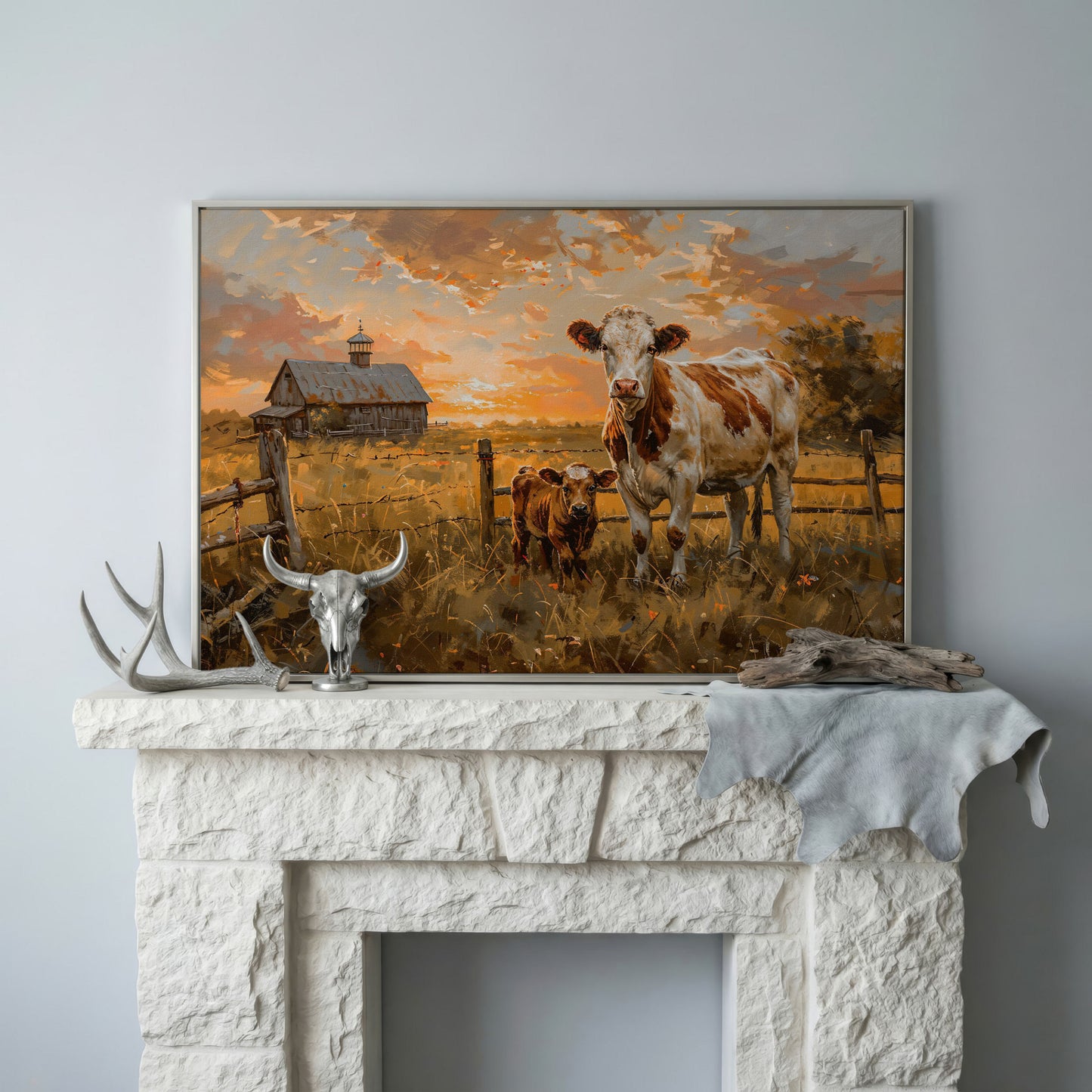 Cow and Calf at Sunset Canvas Art, Farmhouse and Ranch Decor in silver floating frame