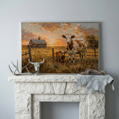 Cow and Calf at Sunset Canvas Art, Farmhouse and Ranch Decor in silver floating frame