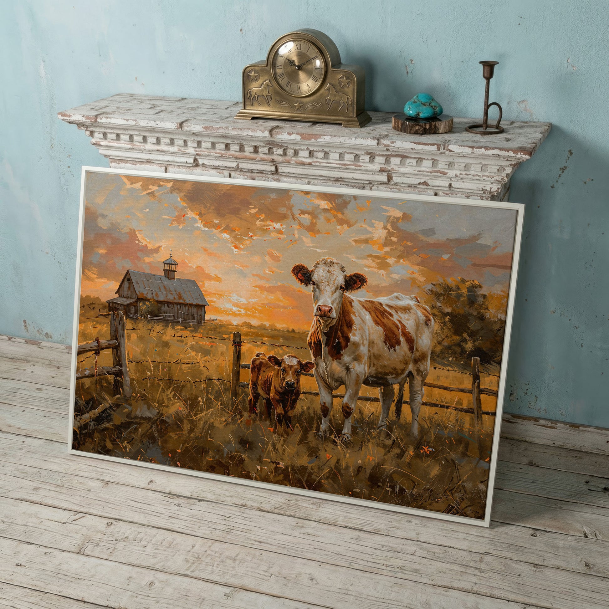 Cow and Calf at Sunset Canvas Art, Farmhouse and Ranch Decor in white floating frame