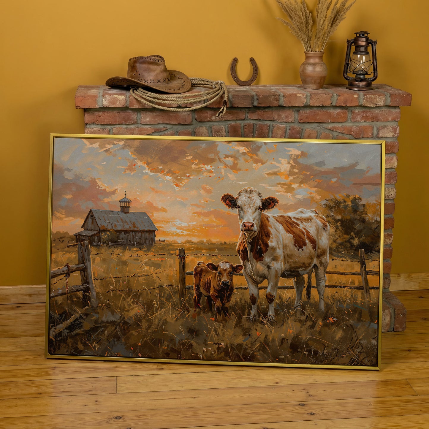 Cow and Calf at Sunset Canvas Art, Farmhouse and Ranch Decor in yellow gold floating frame