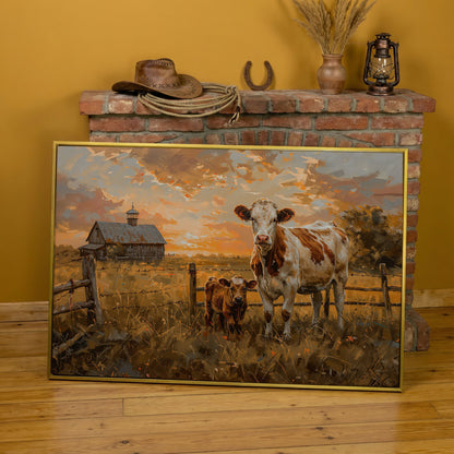 Cow and Calf at Sunset Canvas Art, Farmhouse and Ranch Decor in yellow gold floating frame