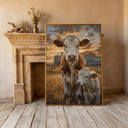 Cow and Calf at Sunset Canvas Print in antique gold floating frame