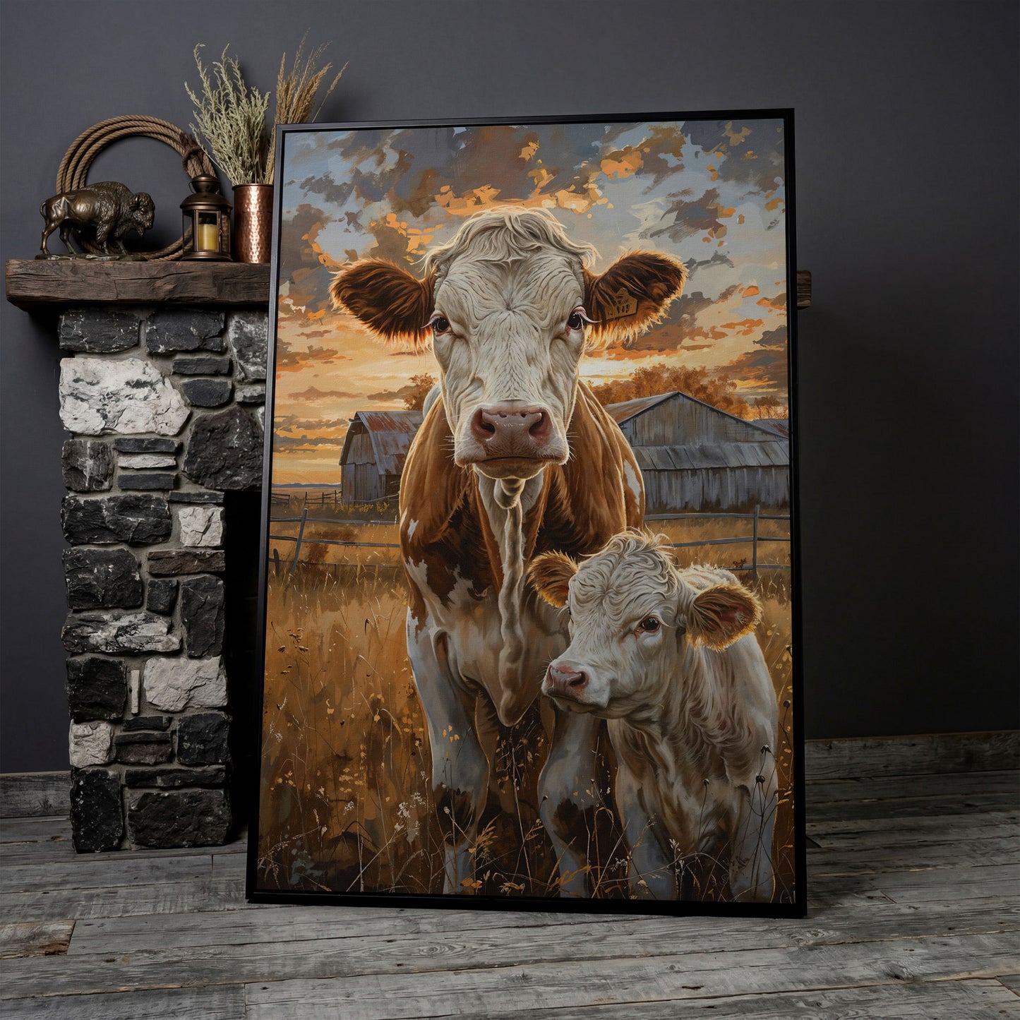 Cow and Calf at Sunset Canvas Print in black floating frame