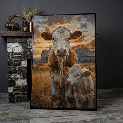 Cow and Calf at Sunset Canvas Print in black floating frame