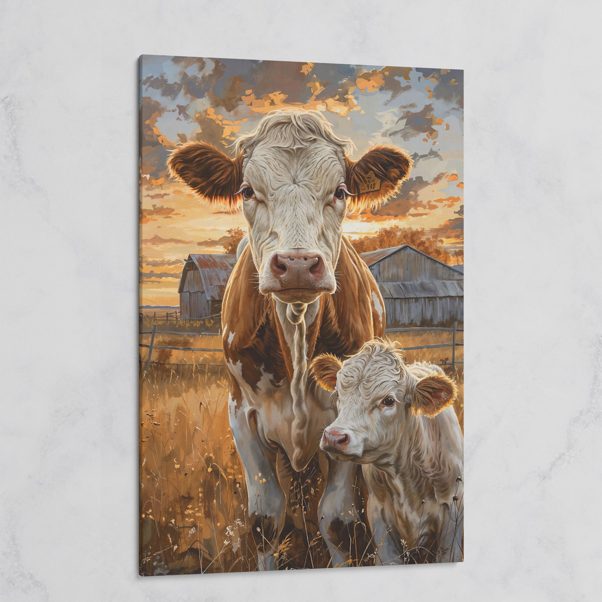 Cow and Calf at Sunset Canvas Print on gallery wrap