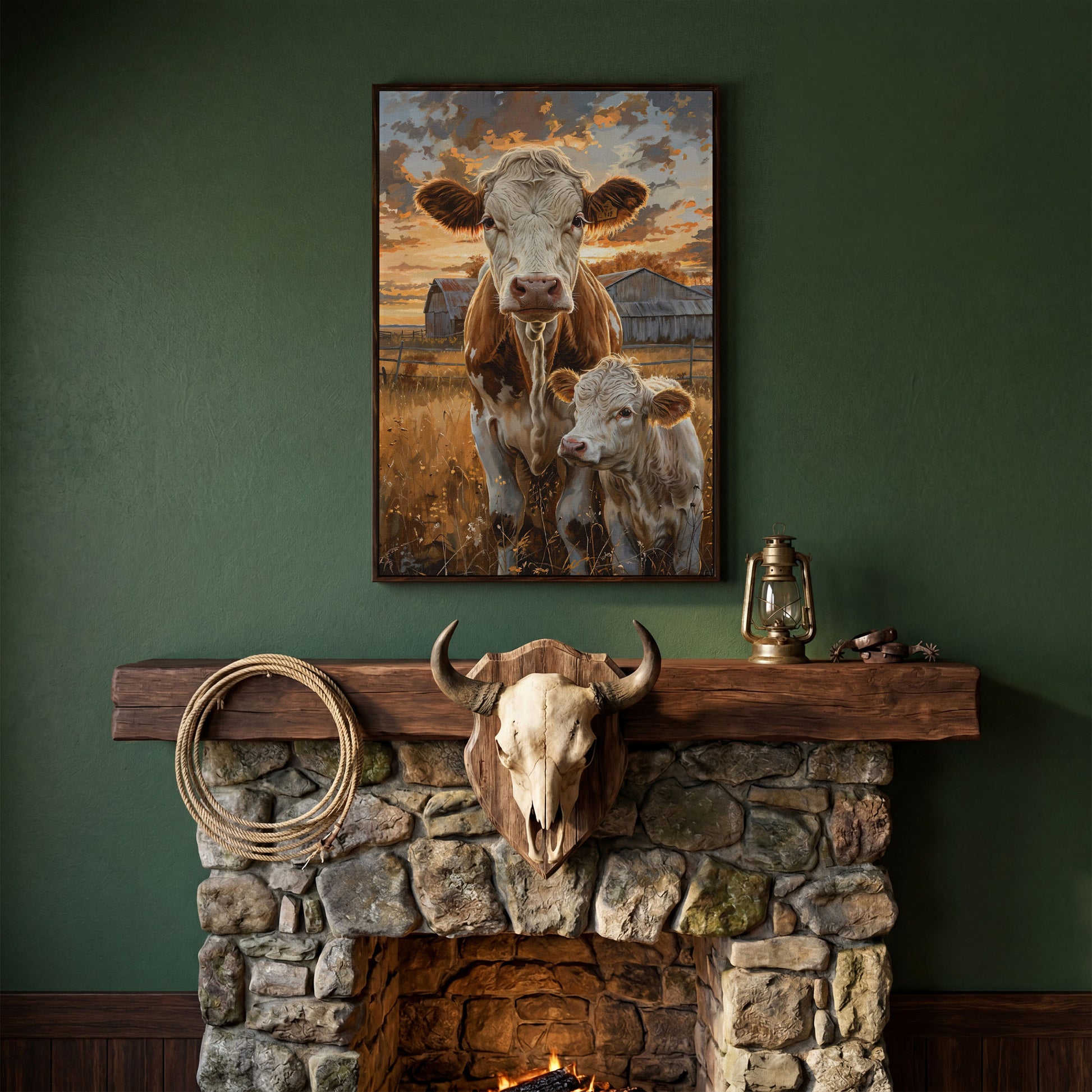 Cow and Calf at Sunset Canvas Print in dark walnut floating frame