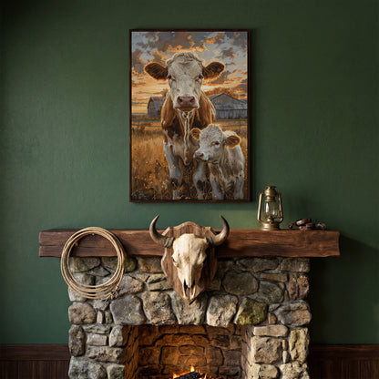 Cow and Calf at Sunset Canvas Print in dark walnut floating frame