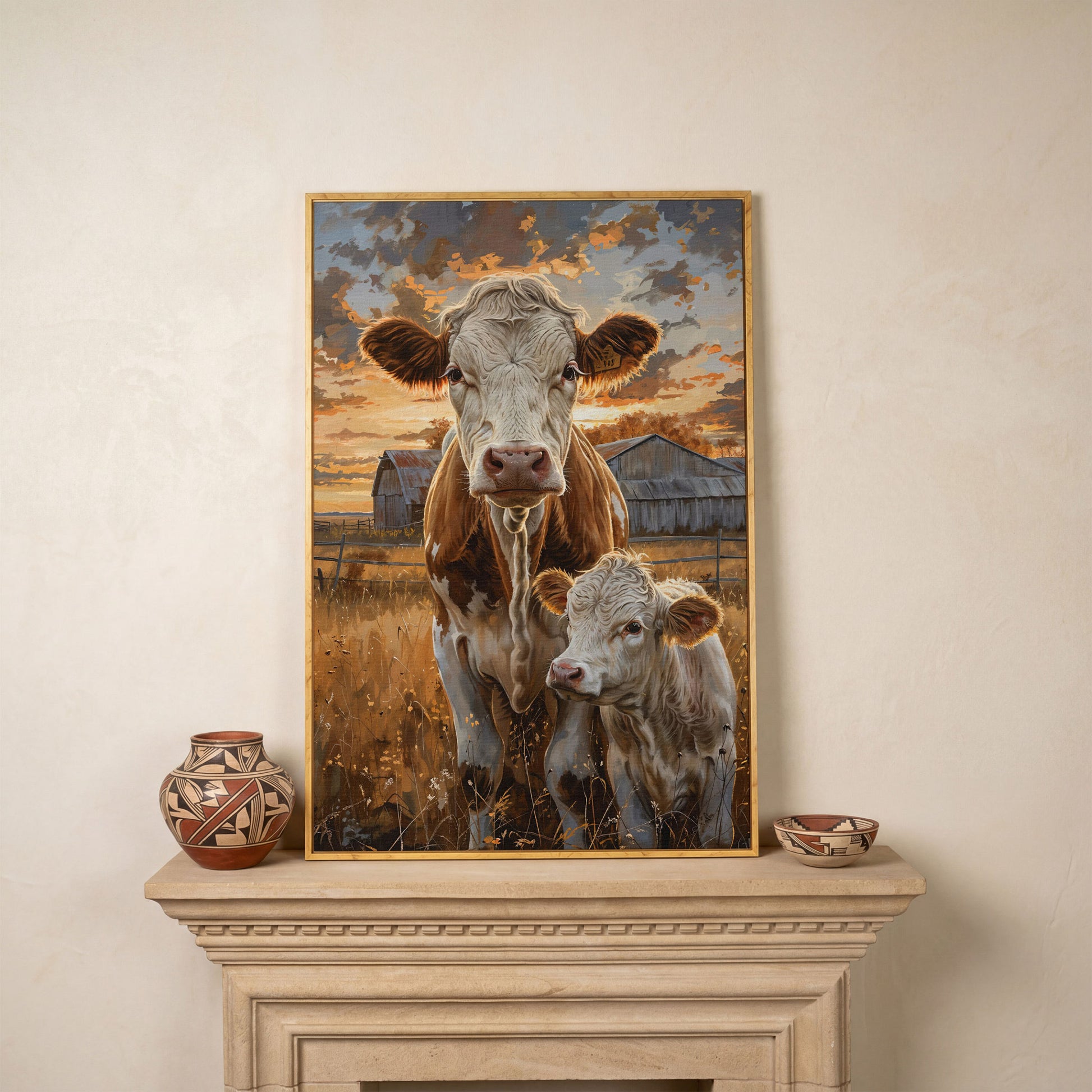 Cow and Calf at Sunset Canvas Print in white oak floating frame