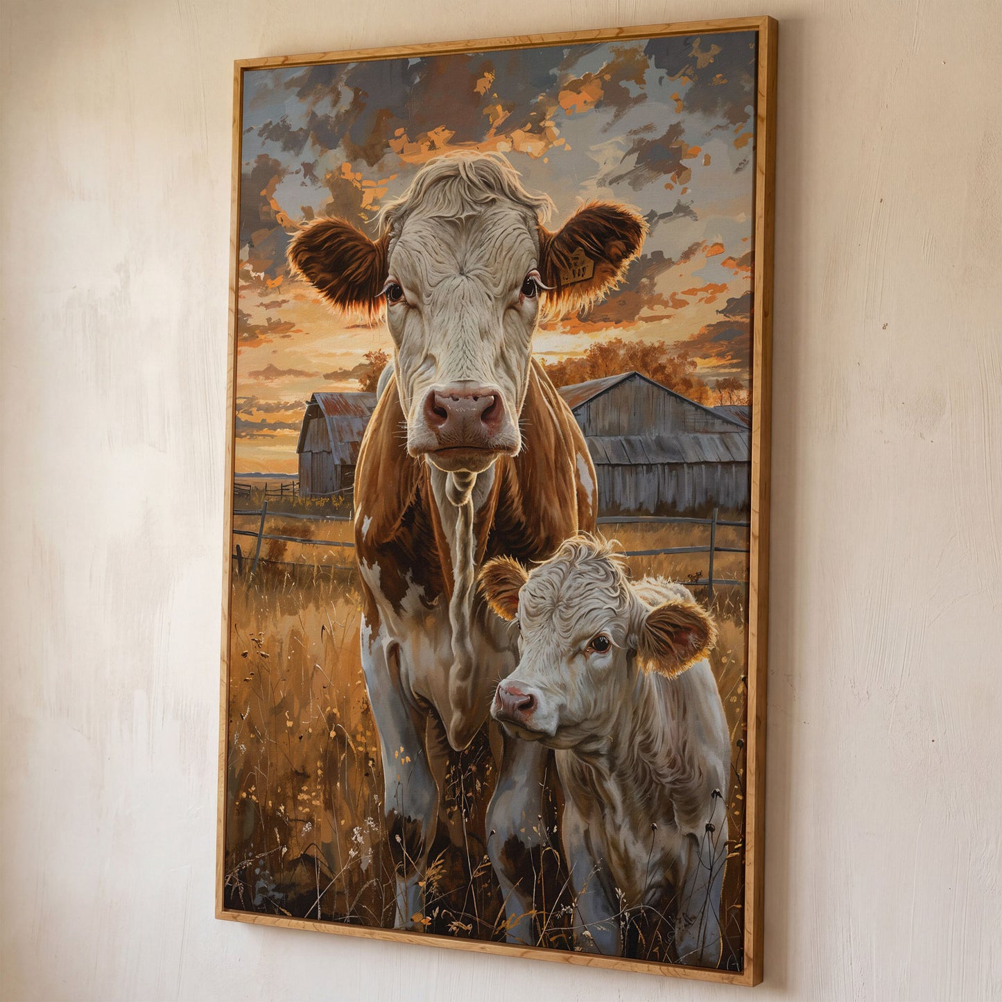 Cow and Calf at Sunset Canvas Print shown in white oak floating frame