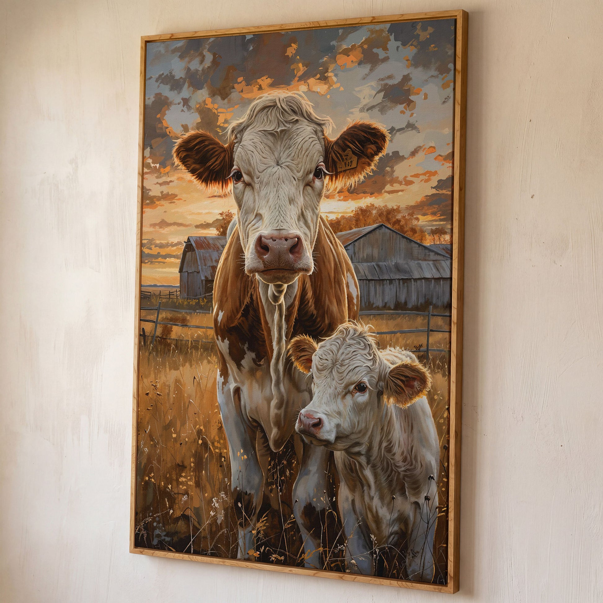 Cow and Calf at Sunset Canvas Print shown in white oak floating frame