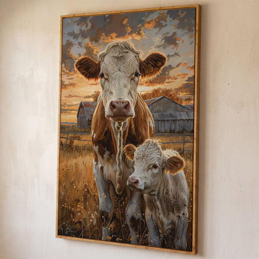 Cow and Calf at Sunset Canvas Print shown in white oak floating frame