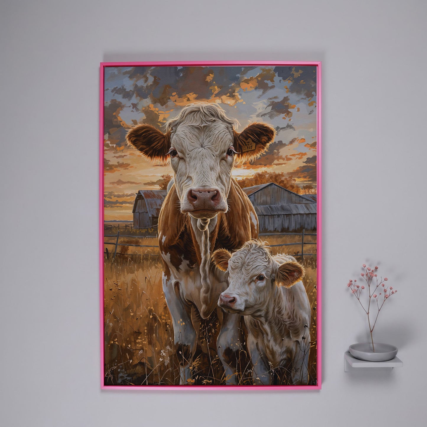Cow and Calf at Sunset Canvas Print in pink floating frame