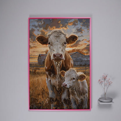 Cow and Calf at Sunset Canvas Print in pink floating frame