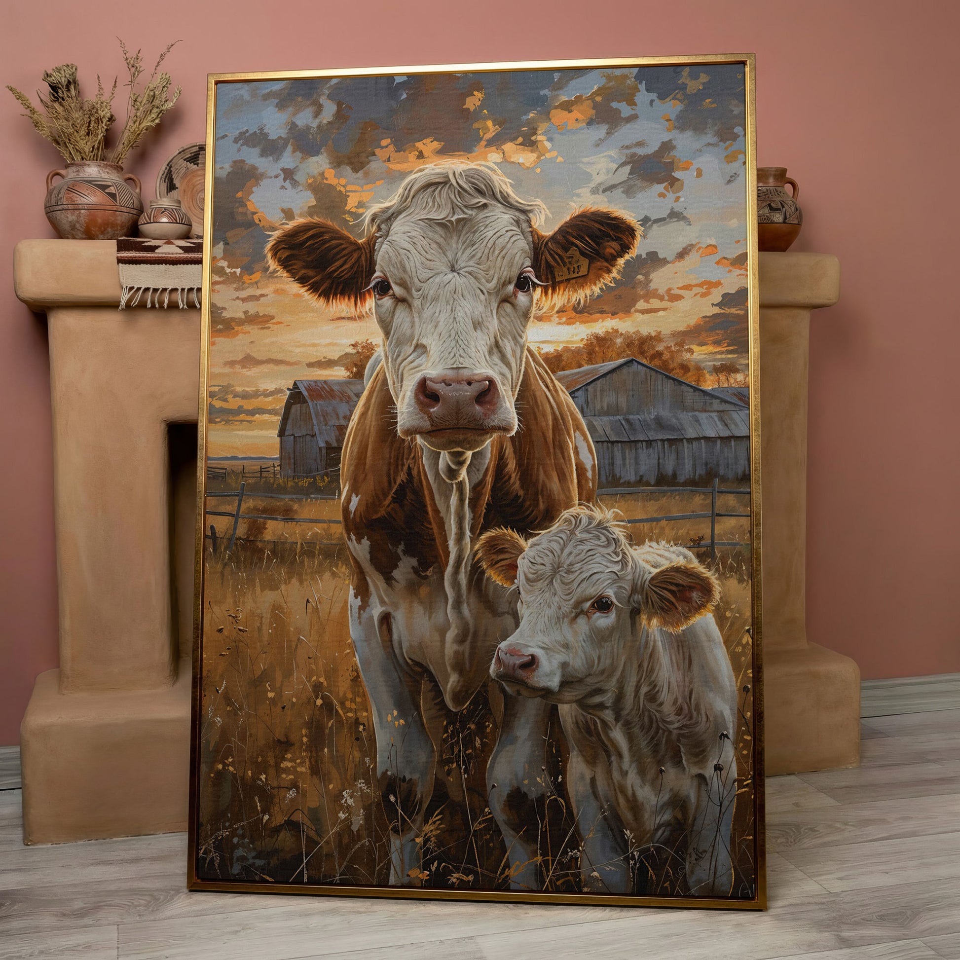 Cow and Calf at Sunset Canvas Print in rose gold floating frame