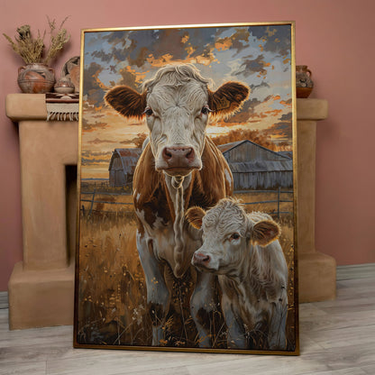 Cow and Calf at Sunset Canvas Print in rose gold floating frame