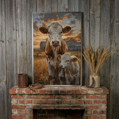 Cow and Calf at Sunset Canvas Print in silver floating frame