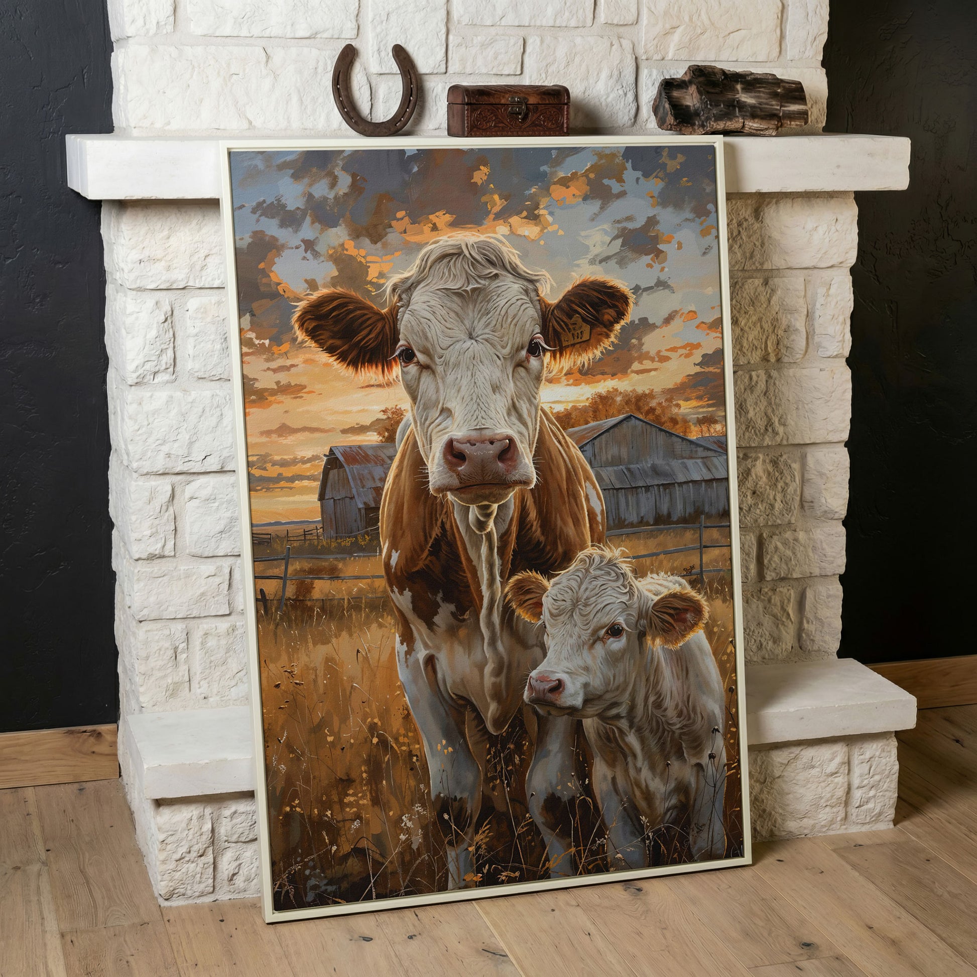 Cow and Calf at Sunset Canvas Print in white floating frame