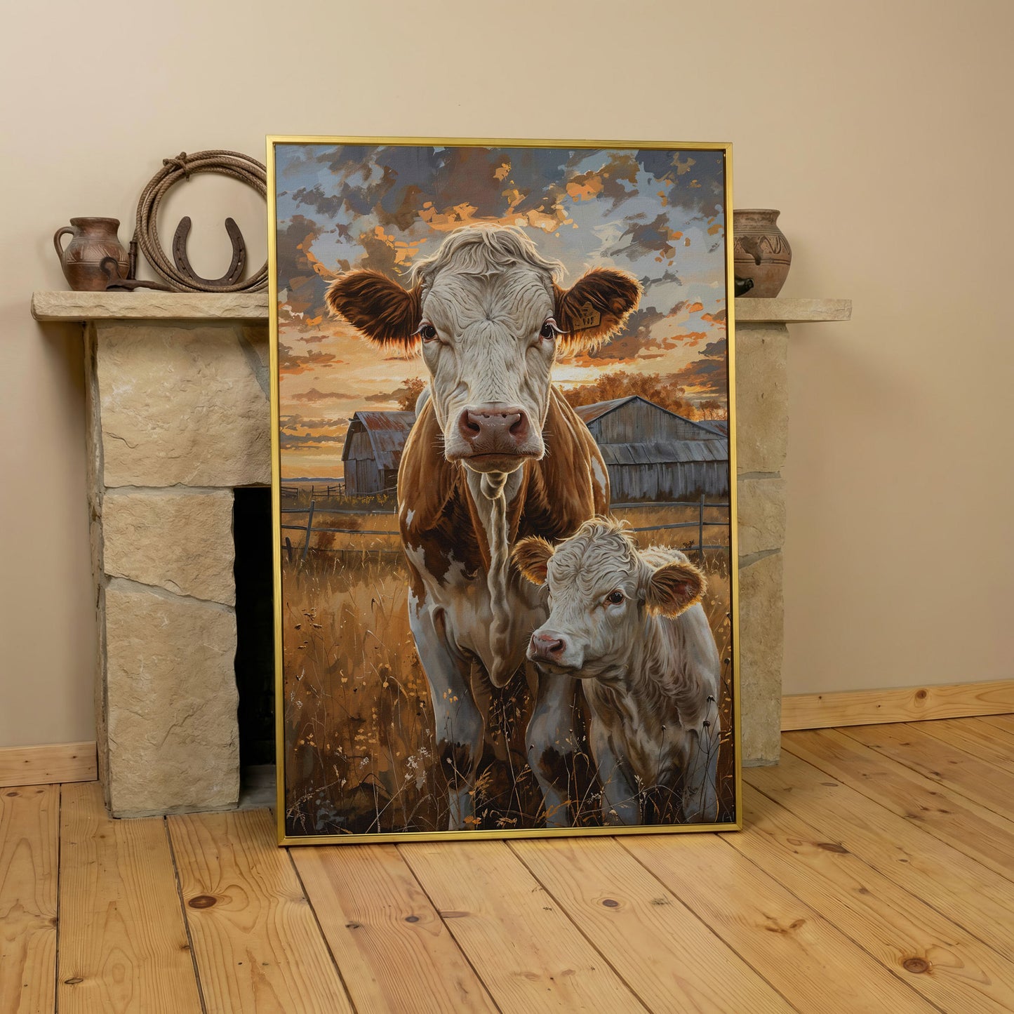 Cow and Calf at Sunset Canvas Print in yellow gold floating frame