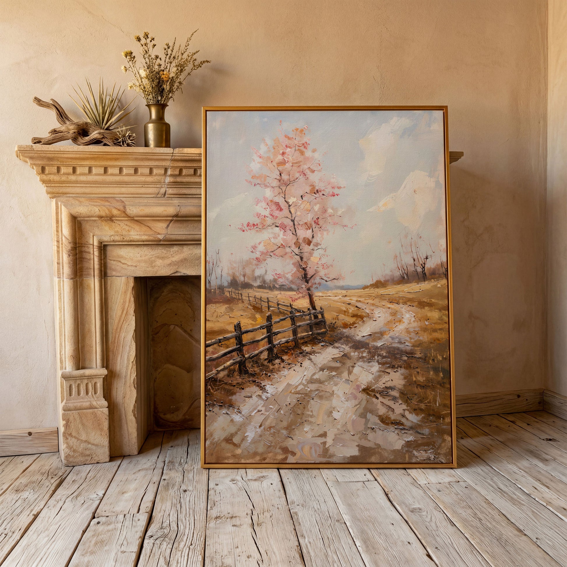 Autumn Country Road with Pink Tree Canvas in antique gold floating frame