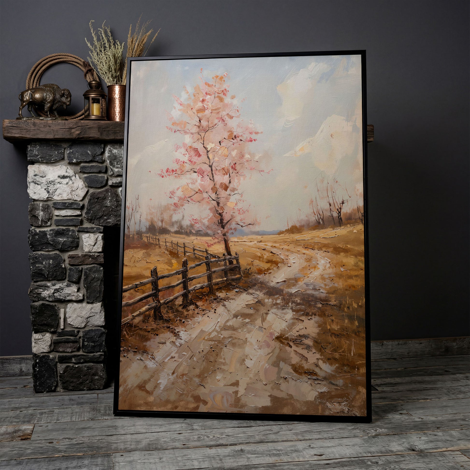 Autumn Country Road with Pink Tree Canvas in black floating frame