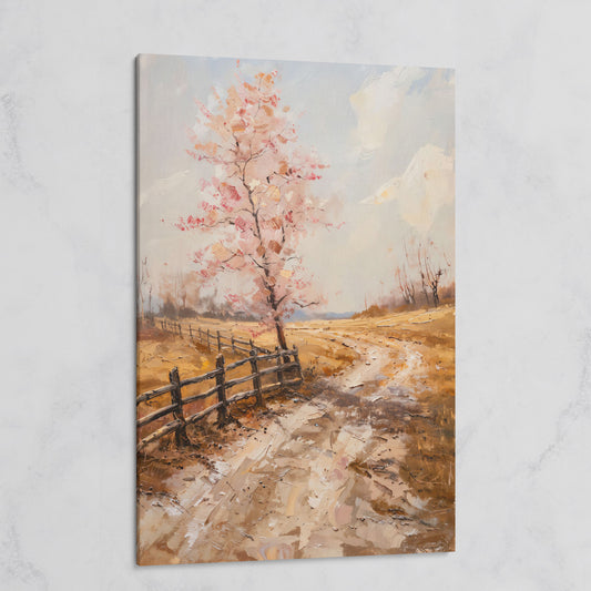 Autumn Country Road with Pink Tree Canvas on gallery wrap