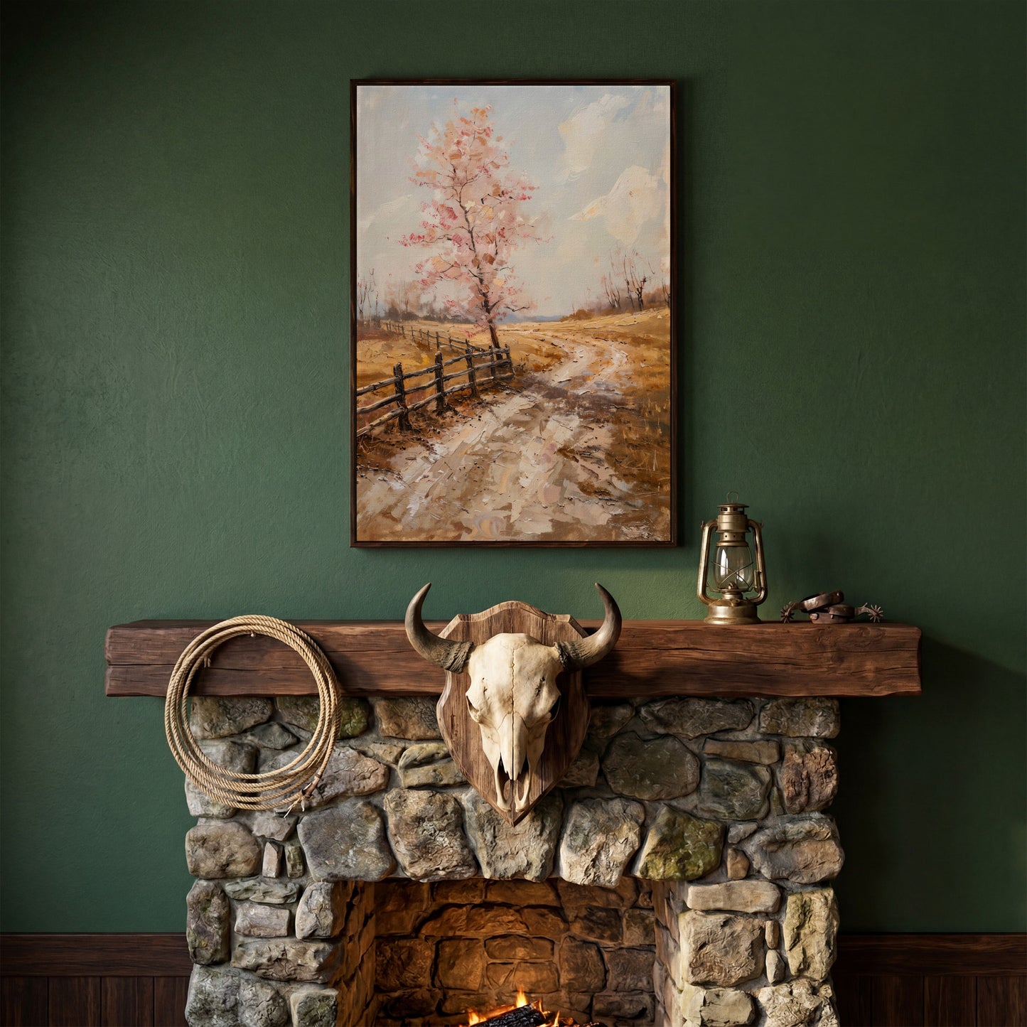 Autumn Country Road with Pink Tree Canvas in dark walnut floating frame