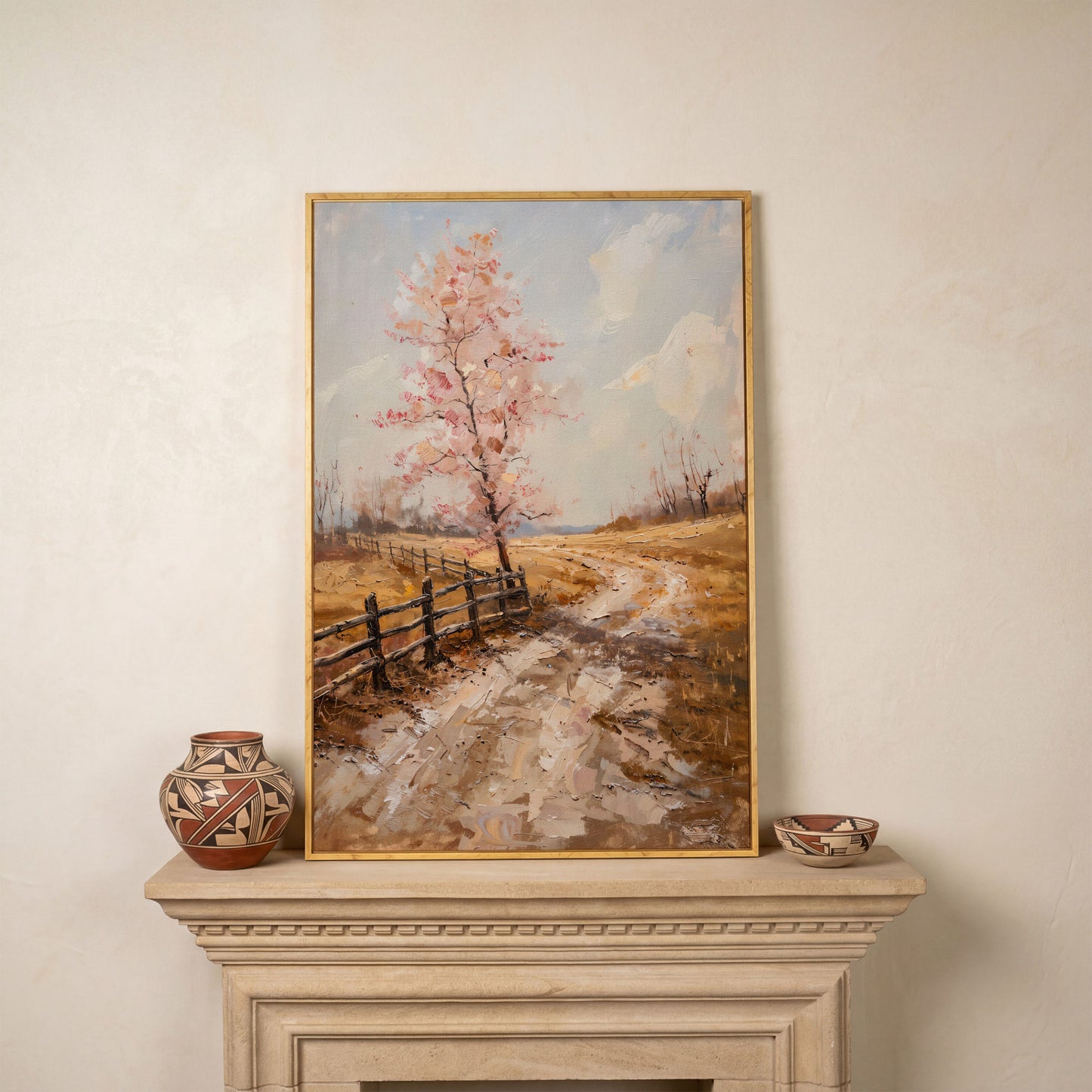 Autumn Country Road with Pink Tree Canvas in white oak floating frame