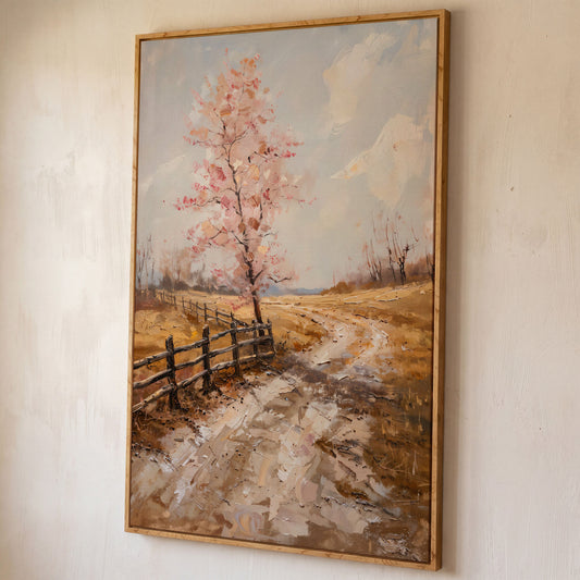Autumn Country Road with Pink Tree Canvas shown in white oak floating frame