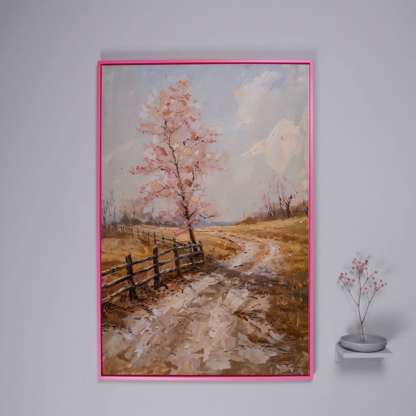 Autumn Country Road with Pink Tree Canvas in pink floating frame