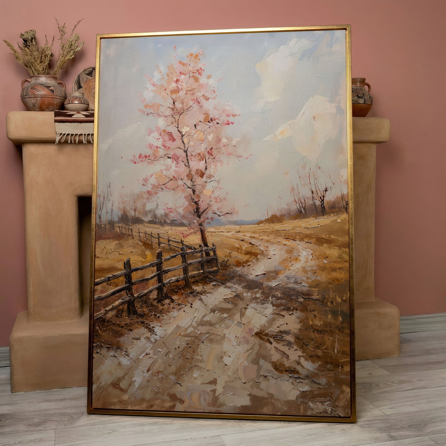 Autumn Country Road with Pink Tree Canvas in rose gold floating frame