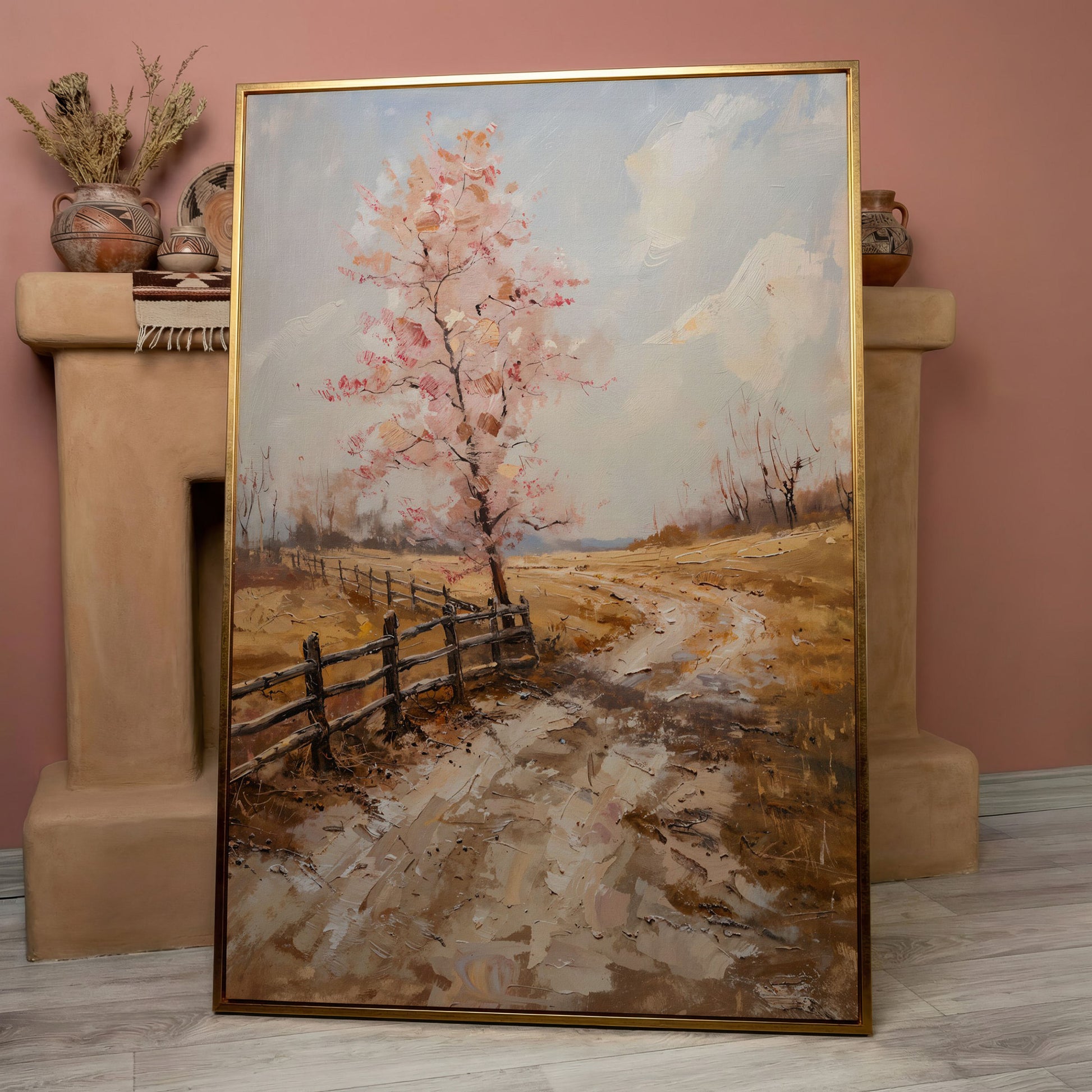 Autumn Country Road with Pink Tree Canvas in rose gold floating frame