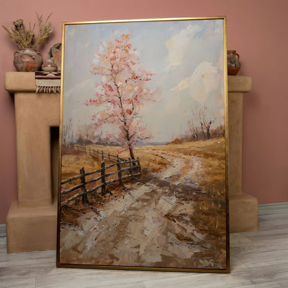 Autumn Country Road with Pink Tree Canvas in rose gold floating frame