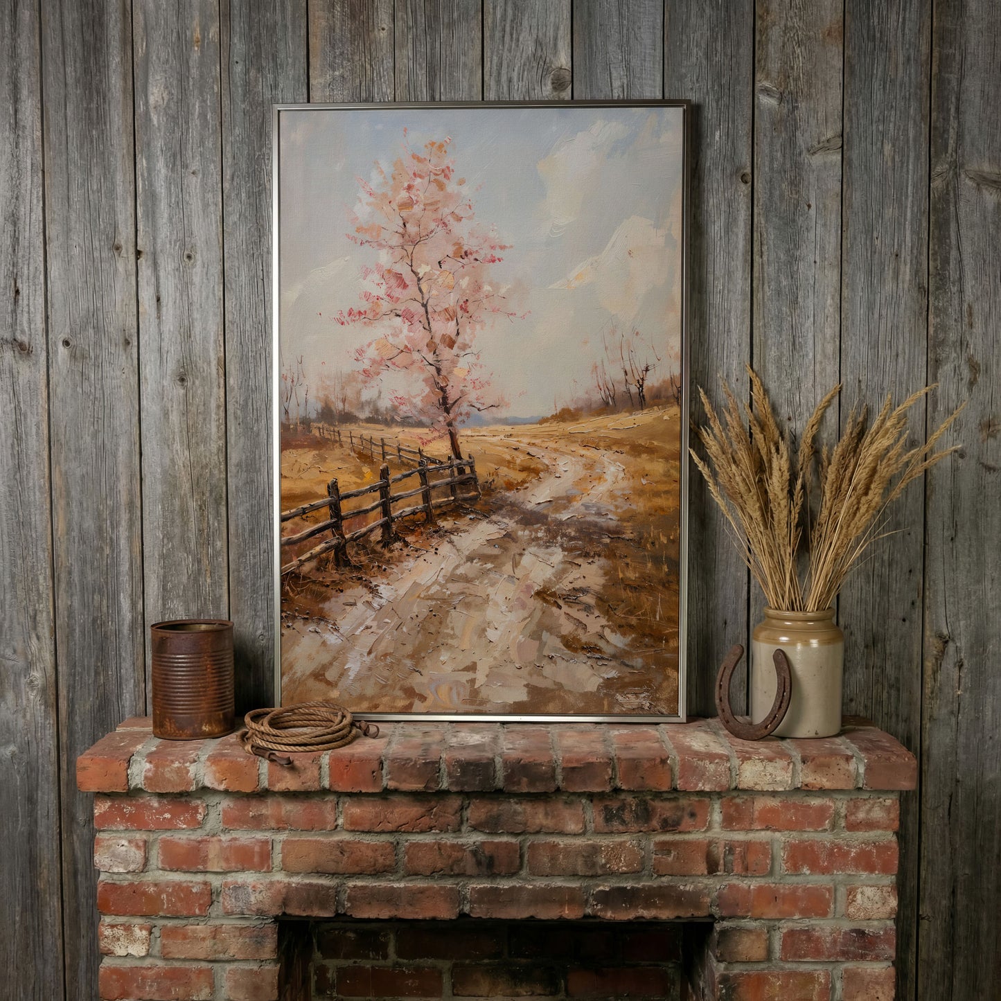 Autumn Country Road with Pink Tree Canvas in silver floating frame