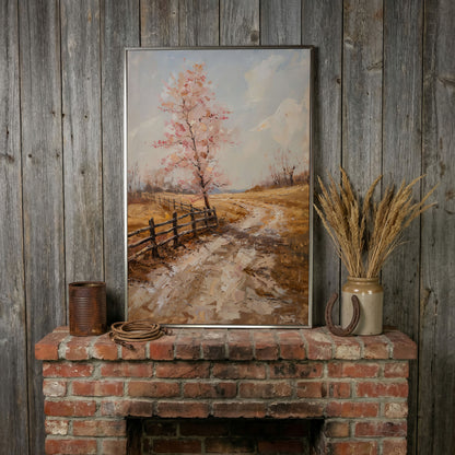 Autumn Country Road with Pink Tree Canvas in silver floating frame