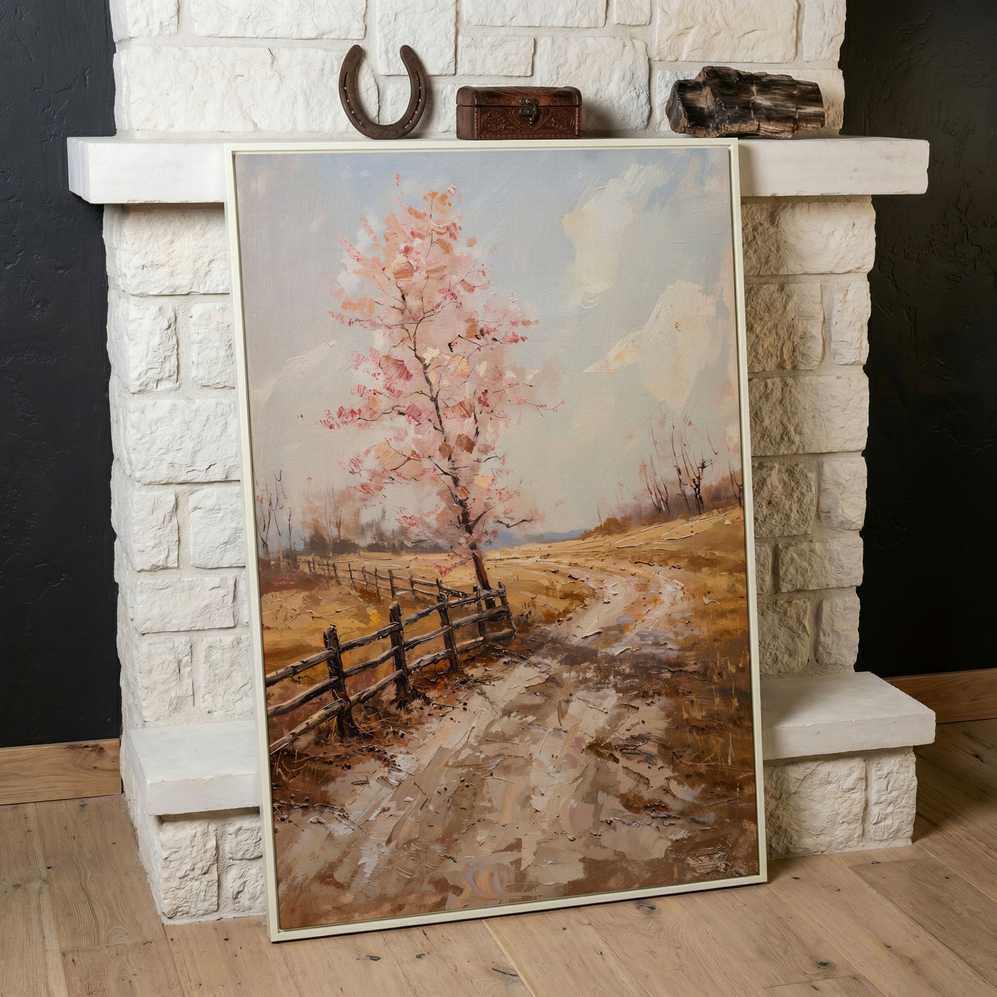 Autumn Country Road with Pink Tree Canvas in white floating frame